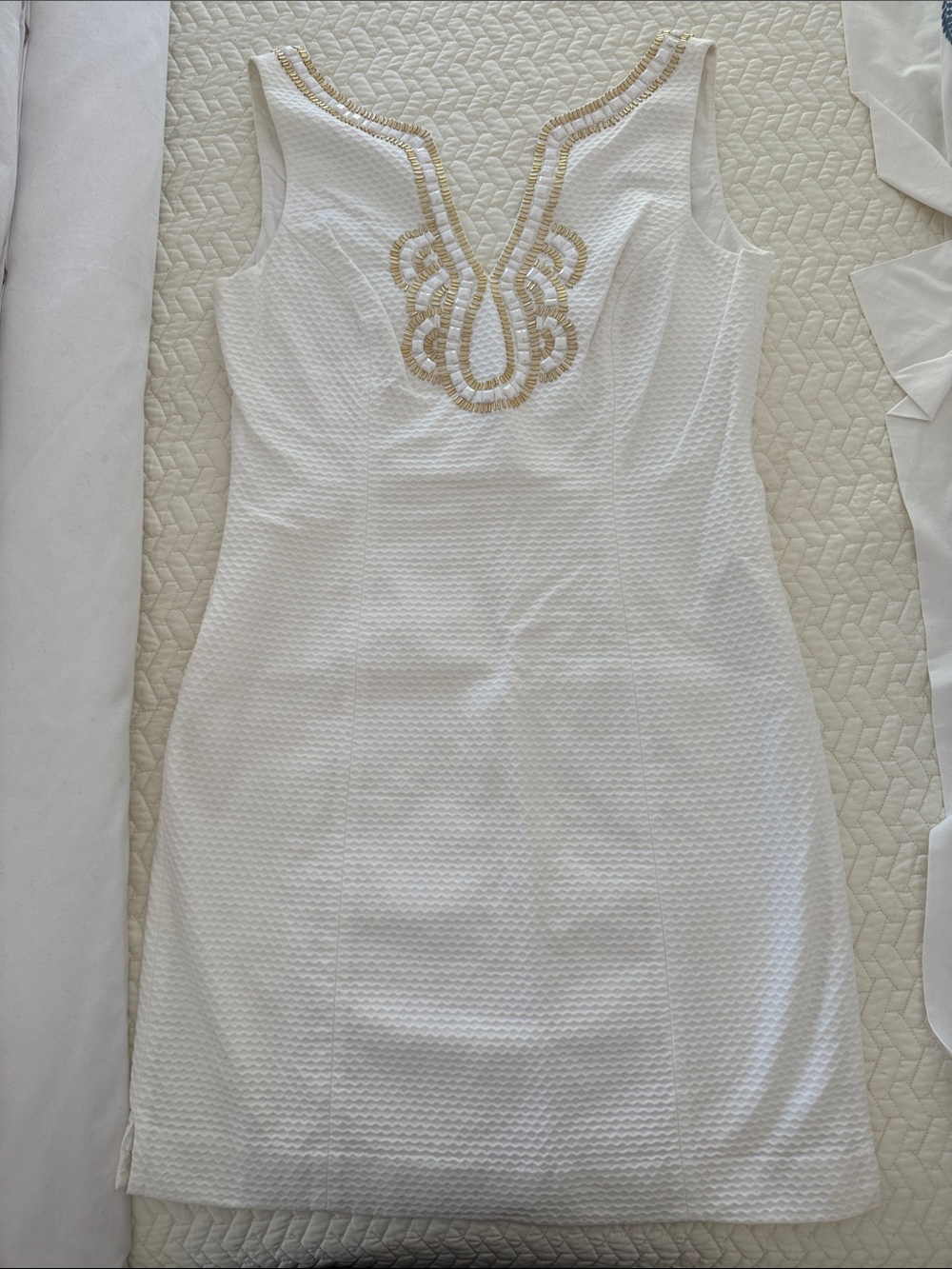 Lilly Pulitzer White Sleeveless Mini Dress with Gold Embellished Neckline